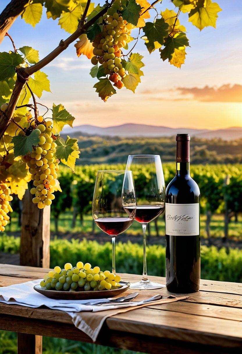 A picturesque vineyard in Becker County at golden hour, showcasing lush grapevines heavy with ripening grapes. A rustic wooden table set for a joyful outdoor wine tasting, with elegant wine glasses and a bottle of vintage wine. In the background, rolling hills and a sunset sky create a warm ambiance, evoking a sense of celebration and relaxation. Paint the scene with soft, warm hues and delicate light effects to capture the essence of wine experiences. super-realistic. vibrant colors. warm tones.