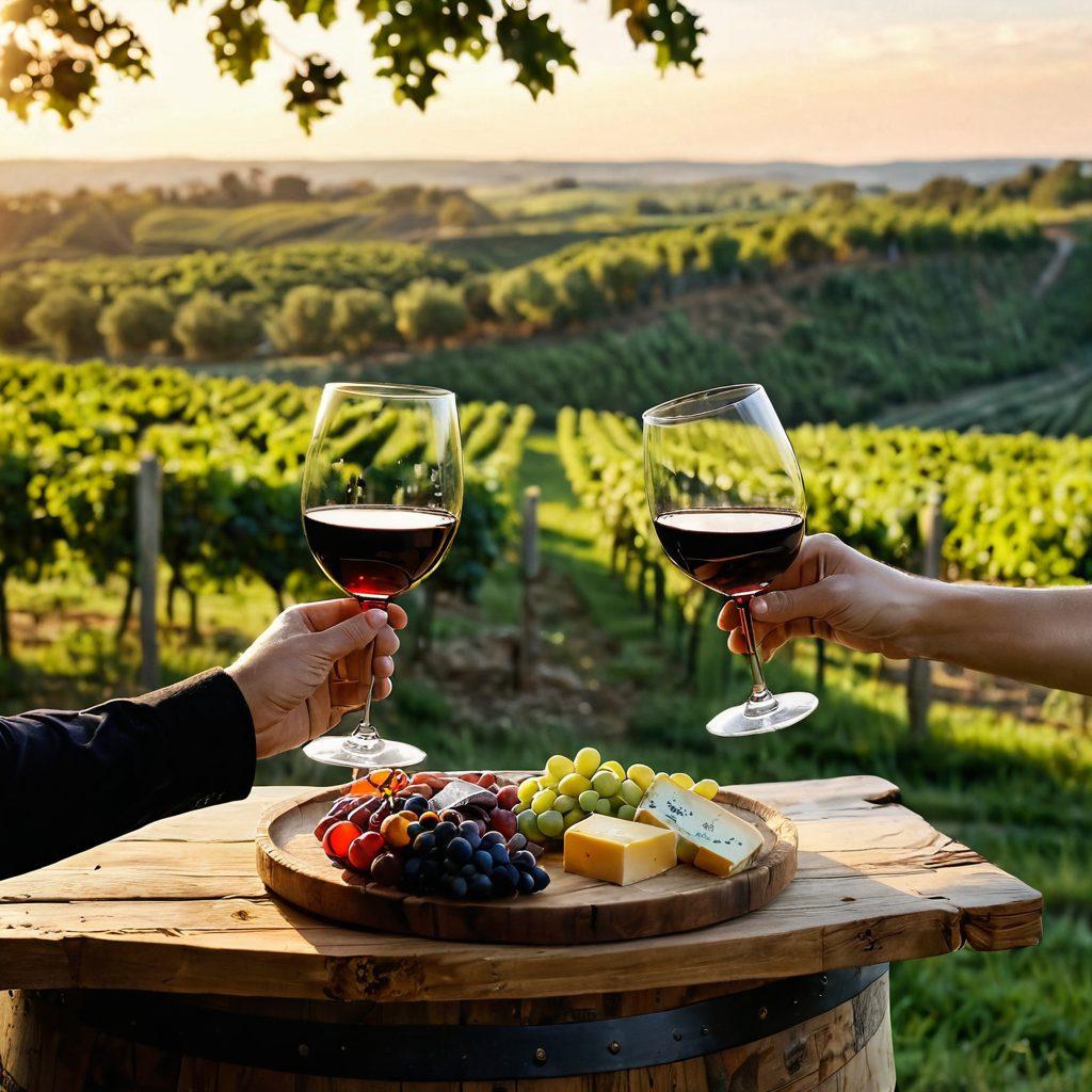 An elegant wine glass filled with a rich red wine, surrounded by lush vineyards in Becker County, with a joyful group of friends sharing a toast in the background. Soft golden sunlight casts a warm glow over the scene, highlighting the beauty of the countryside. A wooden barrel and delicate cheese platter are artfully arranged nearby, inviting viewers to indulge in the experience. rustic charm. vibrant colors.