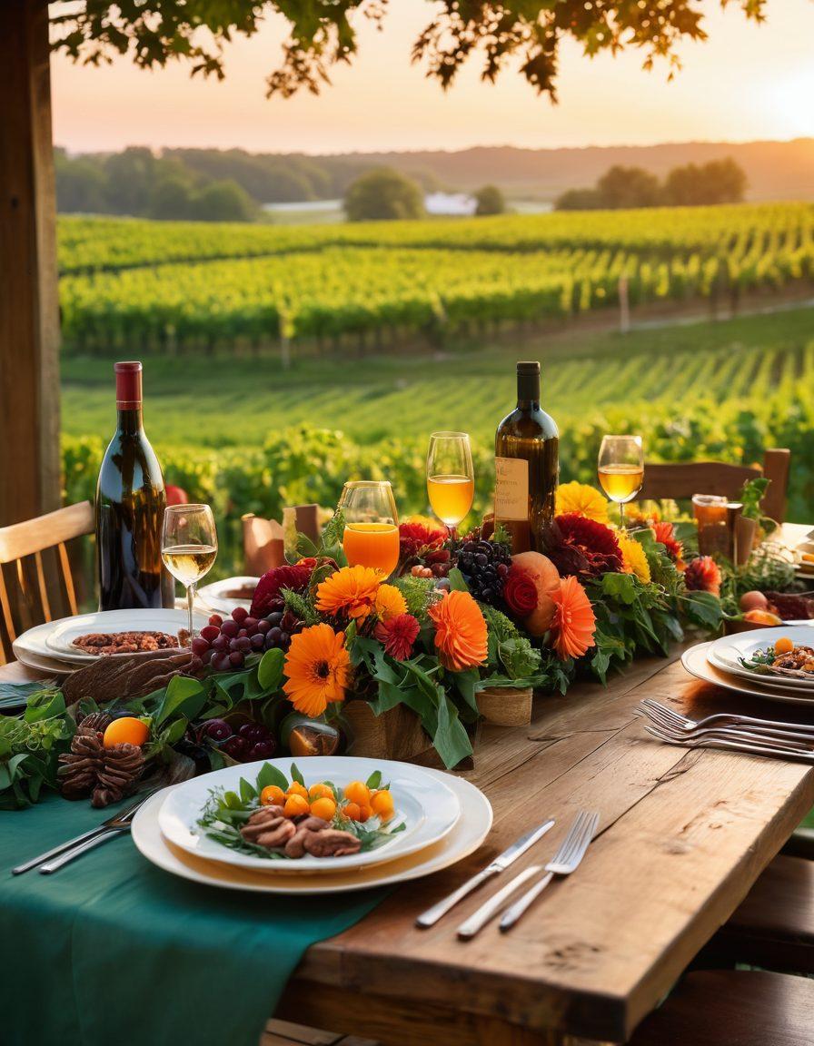 A rustic wooden table adorned with a colorful spread of gourmet dishes and unique wine bottles from Becker County. Lush green vineyards in the background, with a warm sunset casting a golden glow. Include festive decorations, like small twinkling lights and elegant glassware, to evoke a celebratory atmosphere. Capture the essence of culinary delights and wine pairings in an inviting, vibrant scene. super-realistic. vibrant colors. warm lighting.